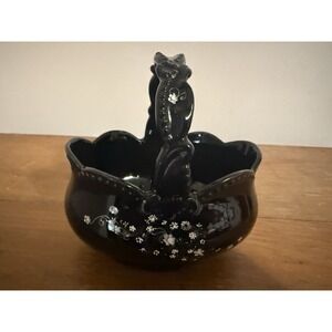Hand Painted Black Ceramic Basket Floral White